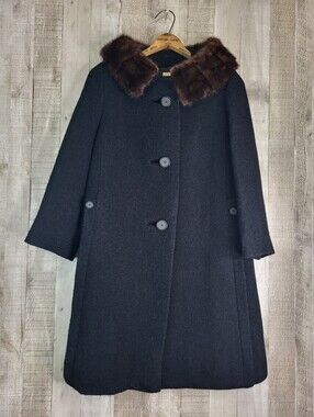 Cherry & Webb Black Wool Coat with Brown Fur Collar. Union Made